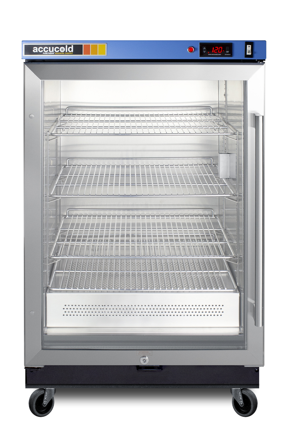 Single chamber passive heating blanket warmer with glass door, stainless steel interior and exterior, digital thermostat, and lock